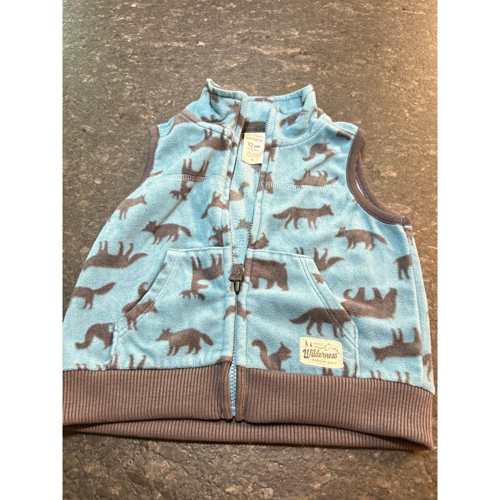 Carters 12m Blue Fleece Animal Print Vest Little Wilderness Ranger Dept